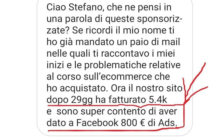 Messaggio: il nostro sito dopo 29 giorni ha fatturato 5.400 euro, contento di aver dato 800 euro di ads a Facebook