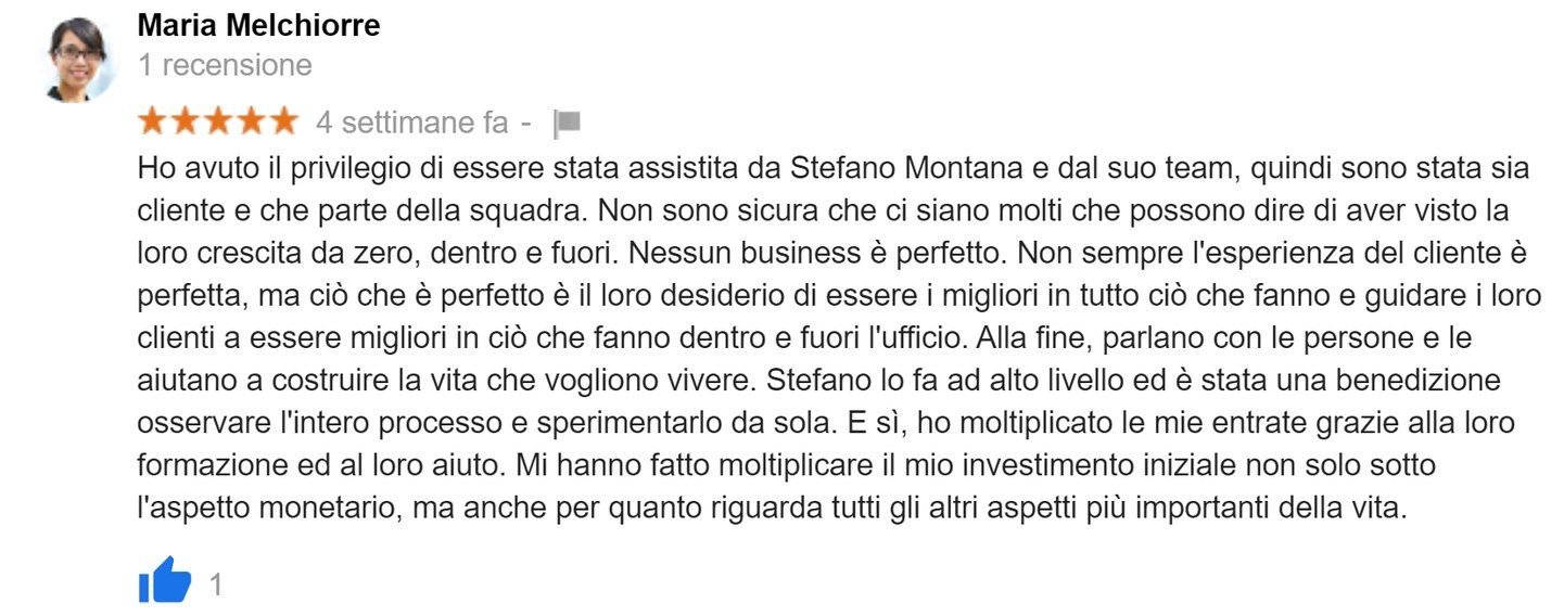 Recensione Google a cinque stelle di Maria Melchiorre: ha moltiplicato le proprie entrate grazie alla formazione e all’aiuto del team
