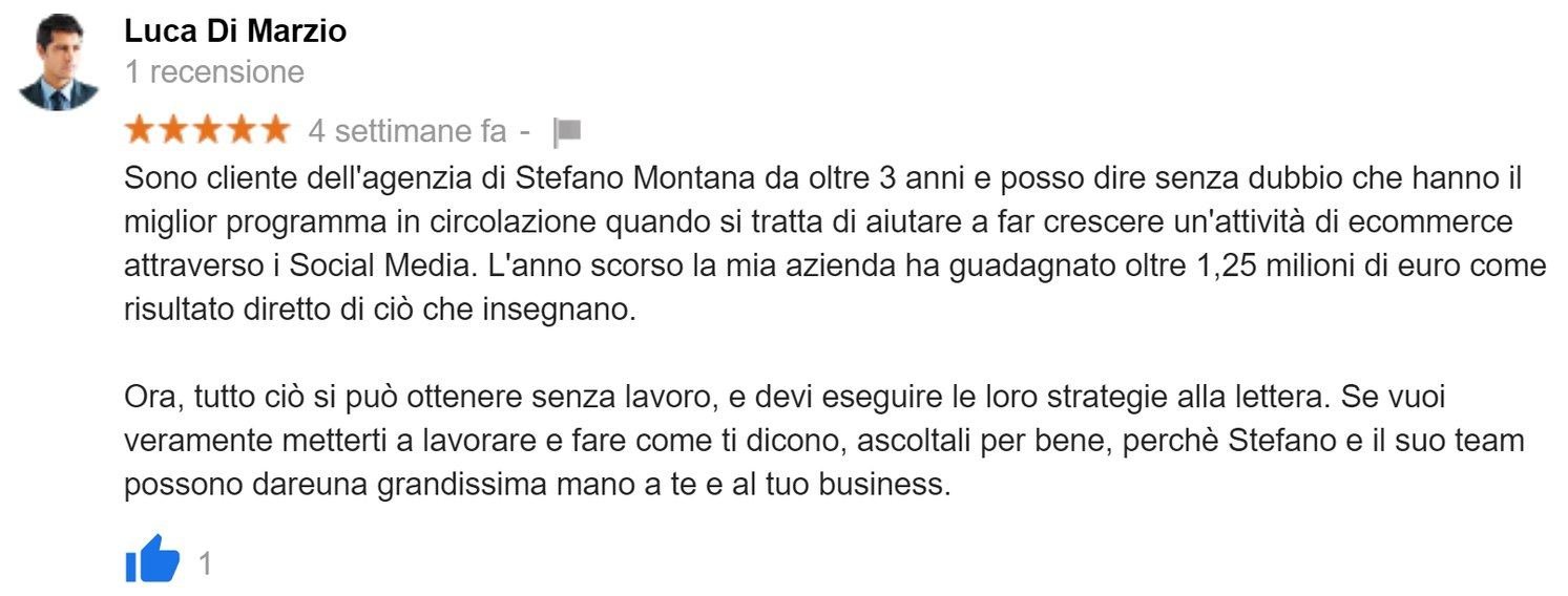 Recensione Google a cinque stelle di Luca Di Marzio: cliente dell’agenzia da oltre tre anni, l’anno scorso la sua azienda ha guadagnato oltre 1,25 milioni di euro come risultato diretto di ciò che insegnano