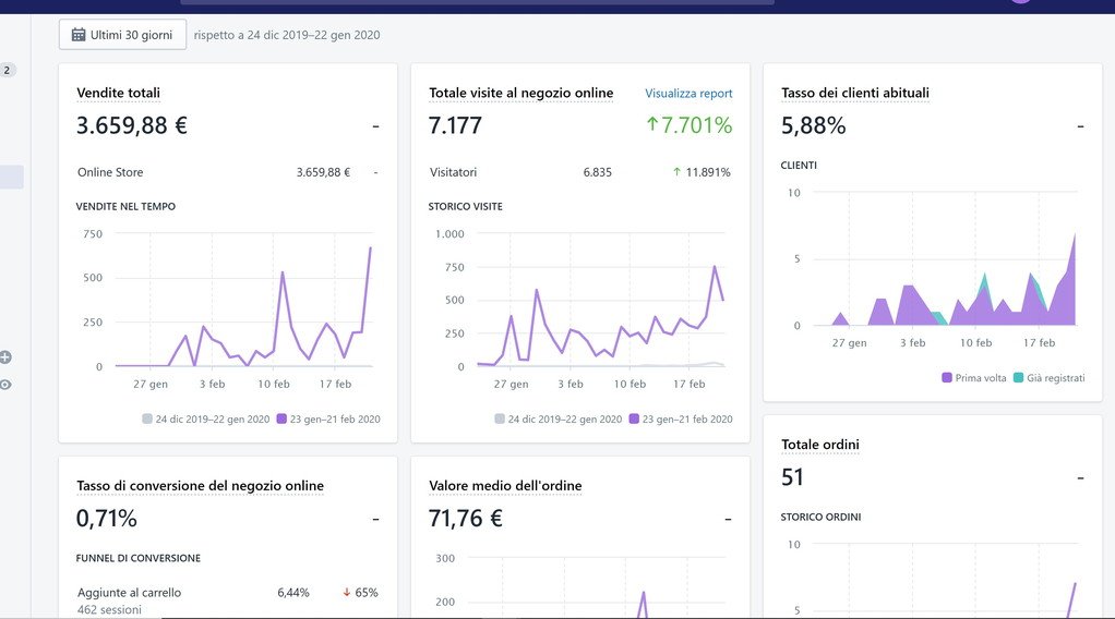 Cruscotto Shopify: vendite totali 3.659,88 euro, 7.177 visite in crescita del 7.701 per cento e 51 ordini