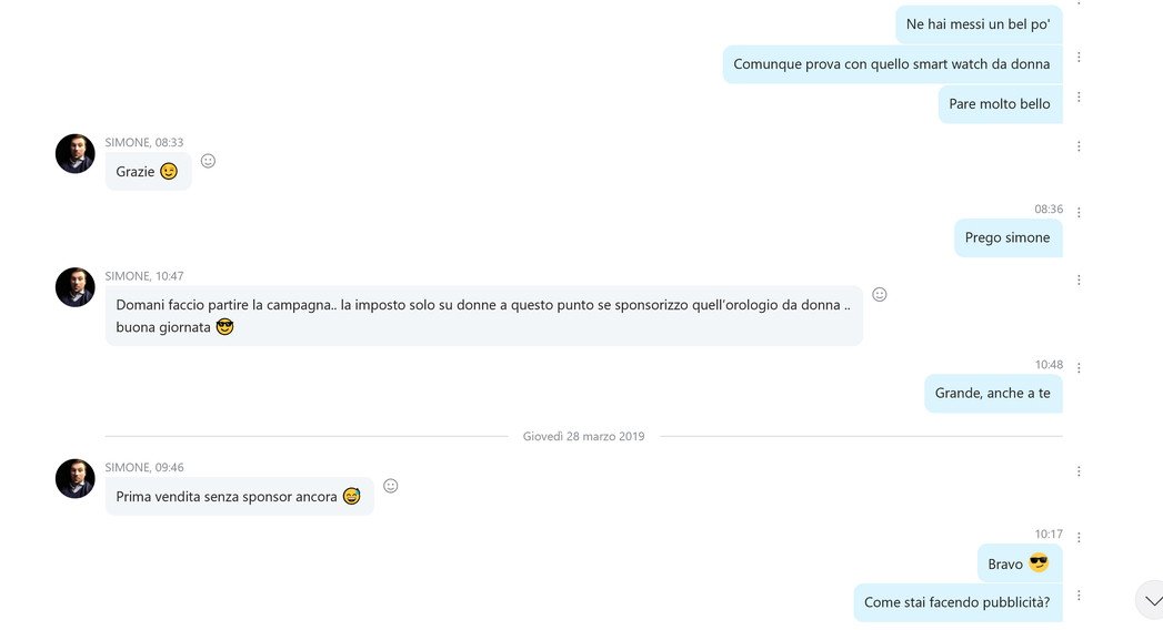 Chat con un cliente: domani faccio partire la campagna, prima vendita senza sponsor ancora