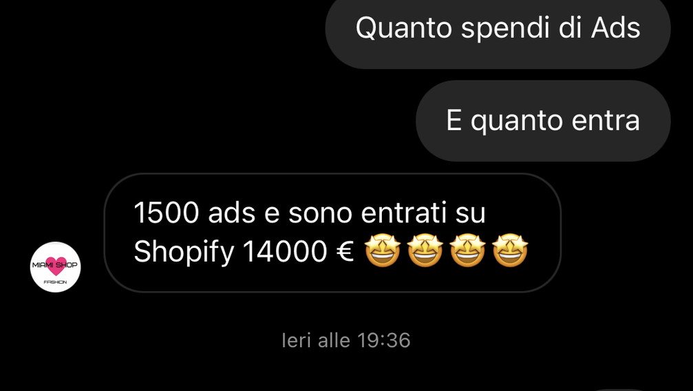 Chat con un cliente: 1500 euro di ads e sono entrati su Shopify 14000 euro