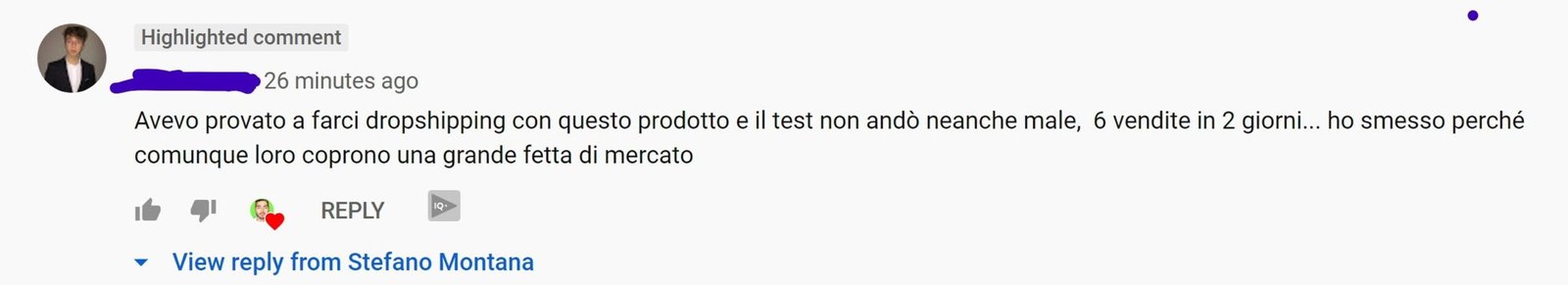 Commento in evidenza: avevo provato a fare dropshipping con questo prodotto, 6 vendite in 2 giorni