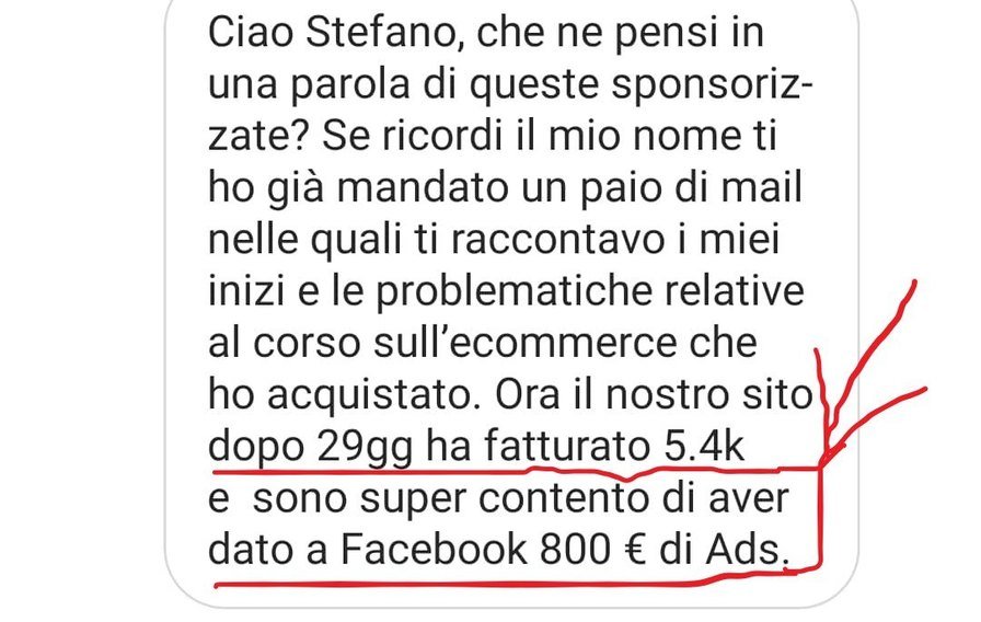 Messaggio: il nostro sito dopo 29 giorni ha fatturato 5.400 euro e siamo super contenti di aver dato 800 euro di ads a Facebook